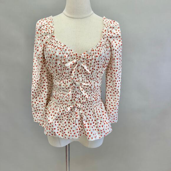 Reformation Lauryn Smocked Bow Tie Top in Cherry Print Size 10 peplum 3/4 sleeve - Picture 1 of 16